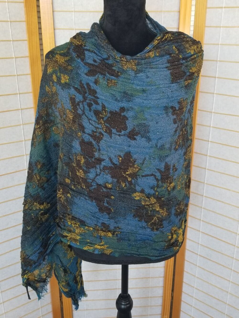 Ann Taylor Blue Scarf Night Sky Black Gold Accents Rectangular Wool Blend Long
